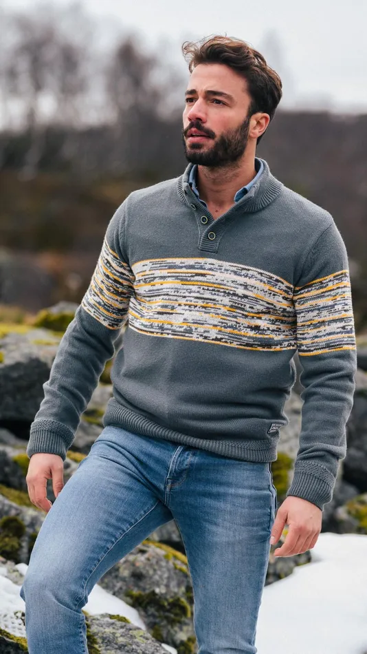 Men Knitwear NZA New Zealand Auckland Grey Cotton Sweater With Yellow And Black Print 8211 Ash Grey