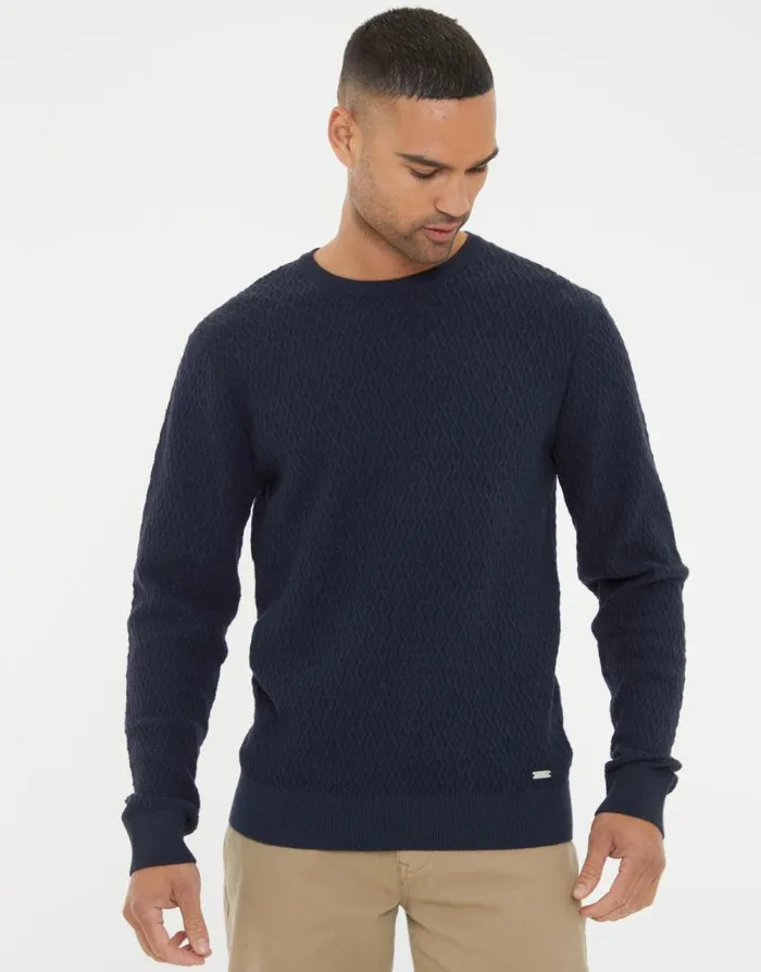 Men Navy Mini Cable Knit Crew Neck Jumper Threadbare Jumpers