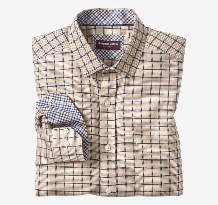 Men NonIron Dress Shirt Rust Angled Neat Windowpane JohnstonandMurphy Shirts
