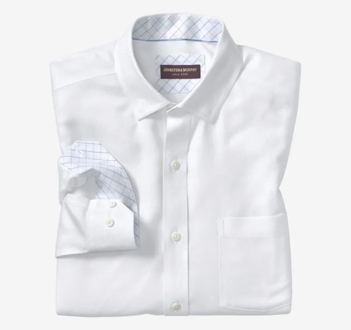 Men NonIron Dress Shirt White Solid Birdseye JohnstonandMurphy Shirts