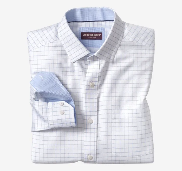 Men NonIron Dress Shirt White Windowpane JohnstonandMurphy Shirts