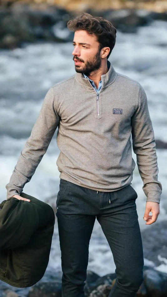 Men Sweatshirts NZA New Zealand Auckland Sporty Gray Sweater With HalfZip 8211 Mud Men Sweatshirts NZA New Zealand Auckland Sporty Gray Sweater With HalfZip 8211 Mud