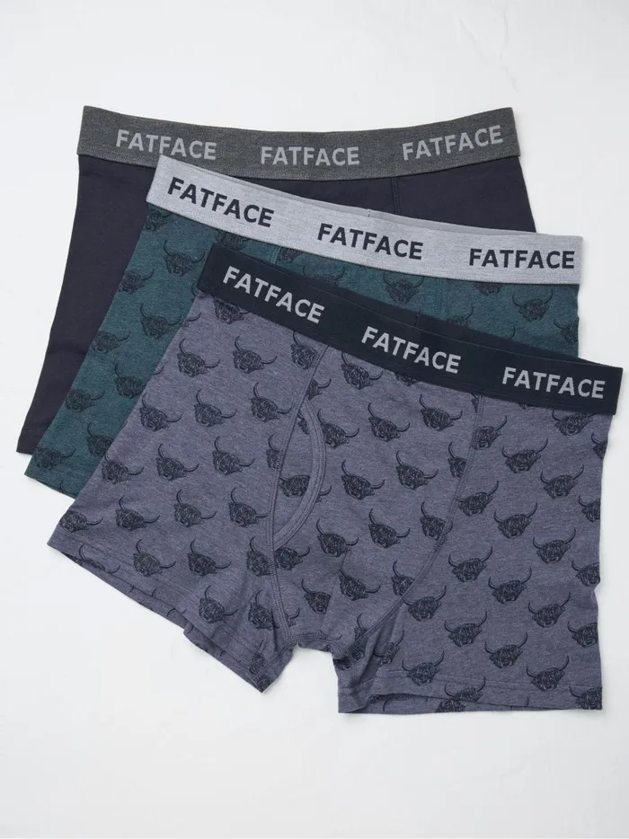 Men Underwear Fat Face Blue Highland Cow Cotton Boxers 3 Pack