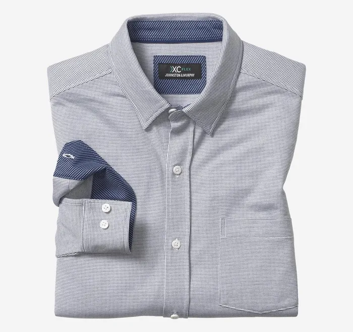 Men Xc Flex Stretch LongSleeve Shirt Navy Micro Dot JohnstonandMurphy Shirts