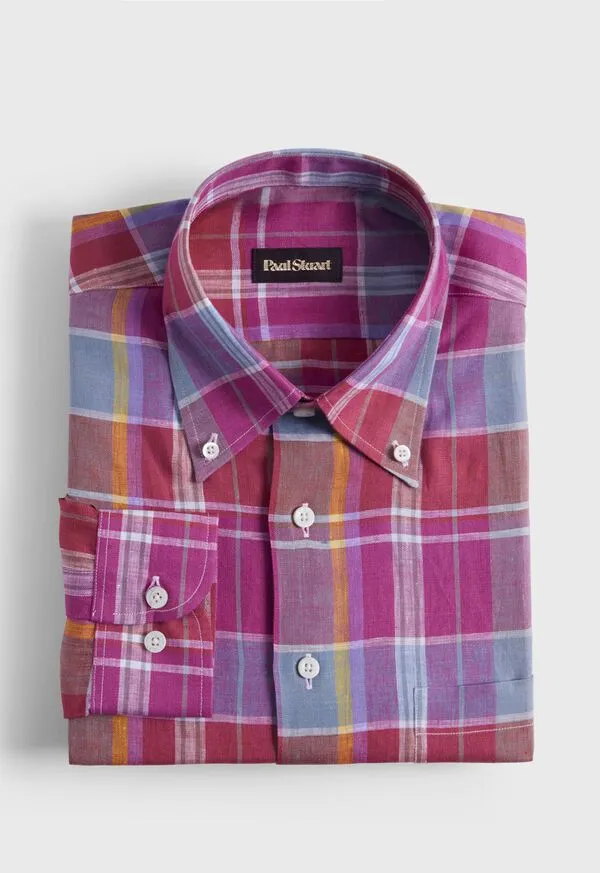 Mens Paulstuart Oversized Plaid Linen Sport Shirt Magenta Sport Shirts