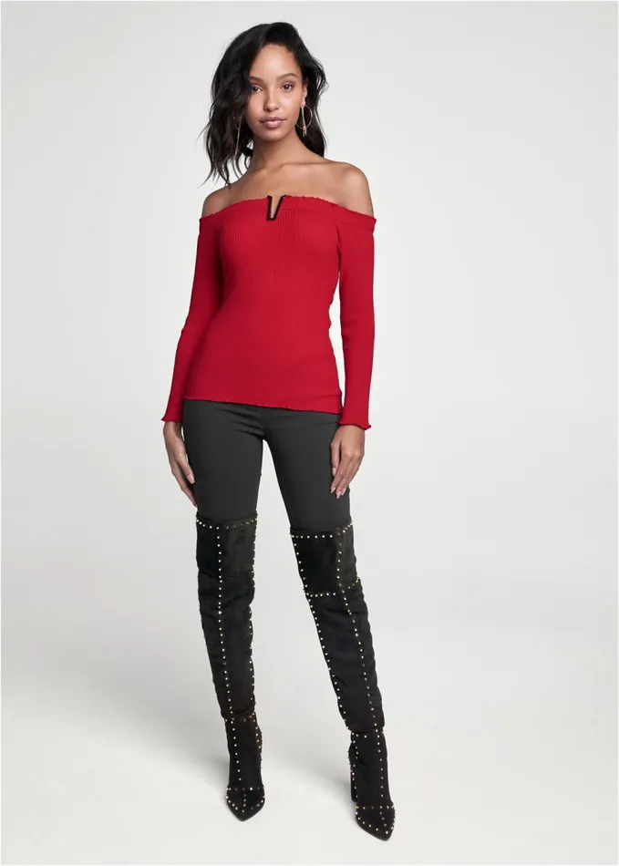 Metal Detail VFront Sweater Red Women VENUS Sexy Sweaters