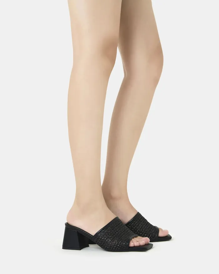 NOVO Shoes Peep Toes Women FLAMES BLACK RAFFIA Open Toe Heels