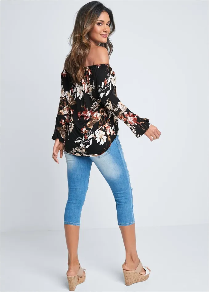 OffShoulder Floral Top Black Multi Women VENUS Long Sleeve Tops