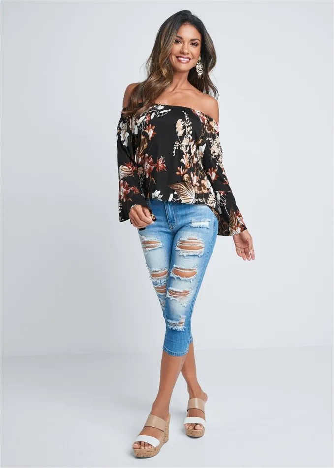 OffShoulder Floral Top Black Multi Women VENUS Long Sleeve Tops