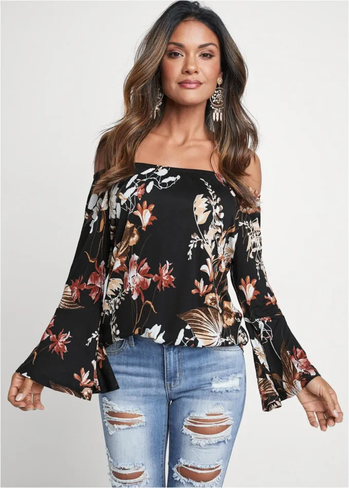 OffShoulder Floral Top Black Multi Women VENUS Long Sleeve Tops