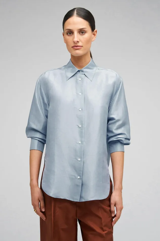 Oroton Ls Silk Shirt Denim Blue Women Tops