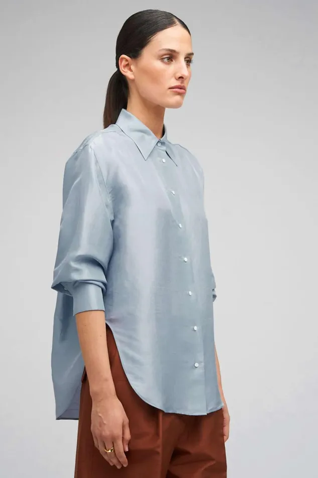 Oroton Ls Silk Shirt Denim Blue Women Tops