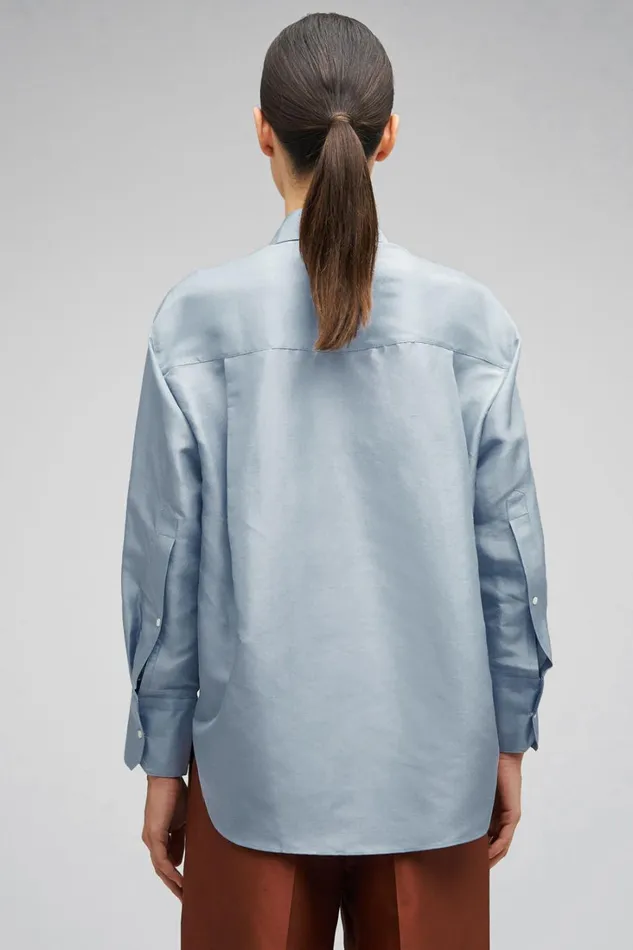 Oroton Ls Silk Shirt Denim Blue Women Tops