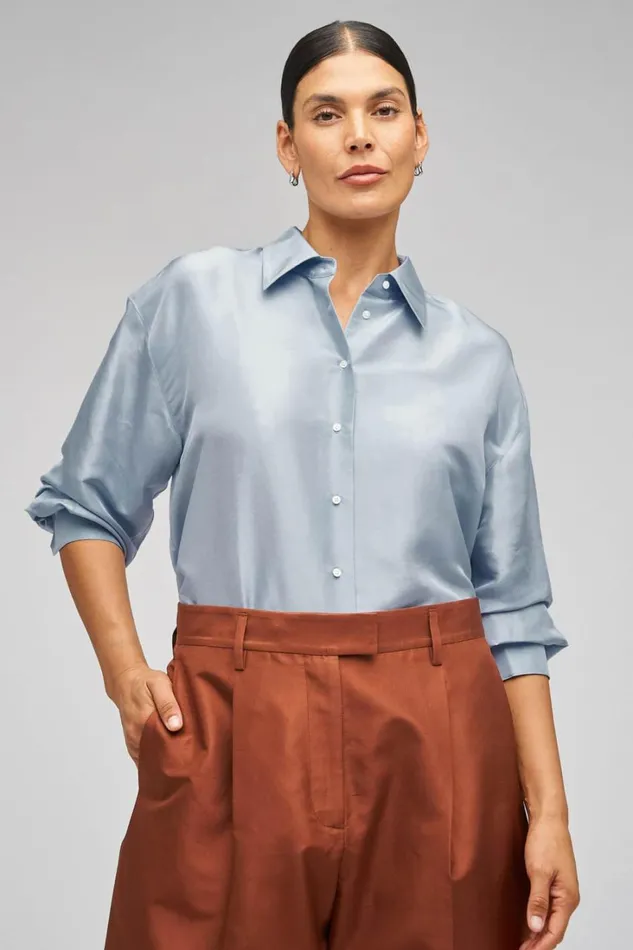 Oroton Ls Silk Shirt Denim Blue Women Tops