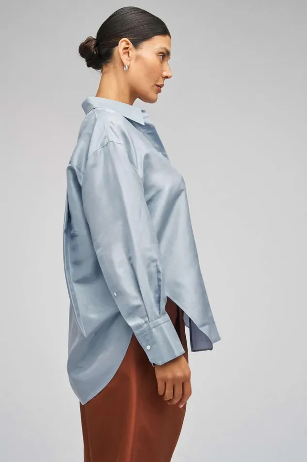 Oroton Ls Silk Shirt Denim Blue Women Tops