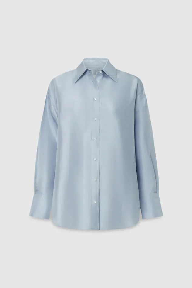 Oroton Ls Silk Shirt Denim Blue Women Tops