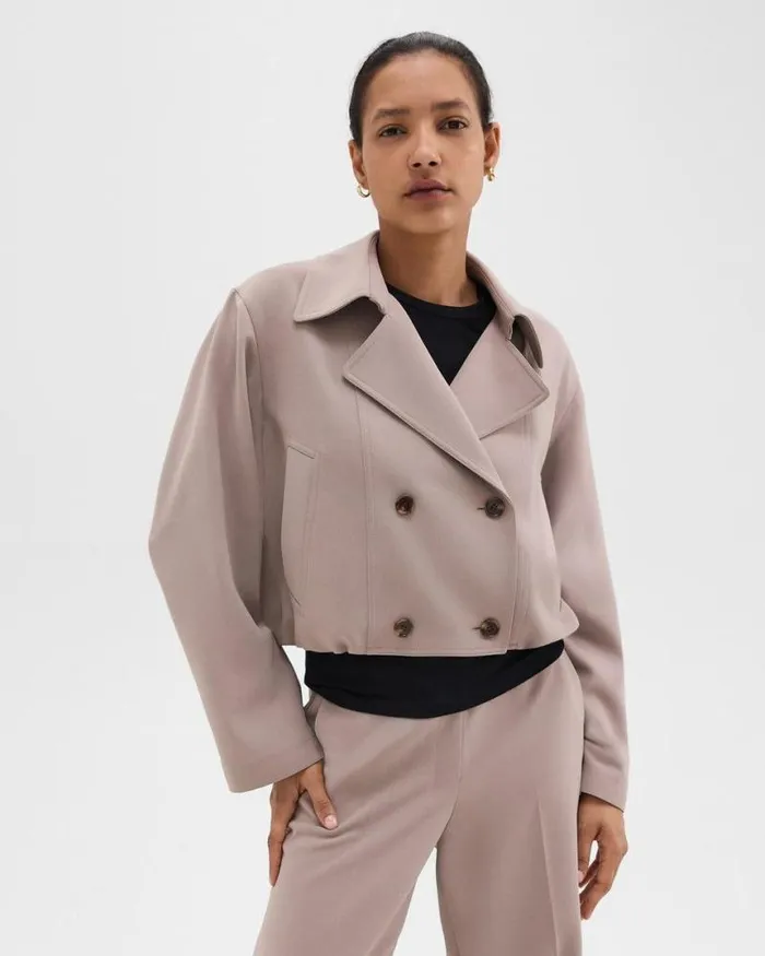 Outerwear Women Theory DoubleBreasted Crop Trench In Admiral Crepe Cinder