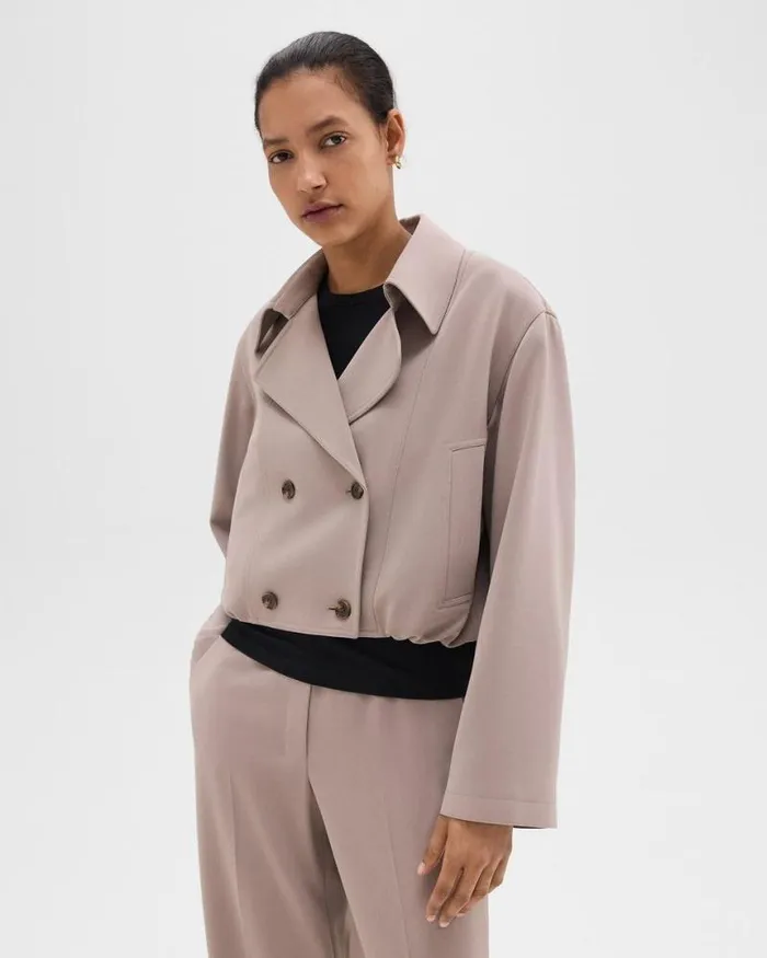 Outerwear Women Theory DoubleBreasted Crop Trench In Admiral Crepe Cinder