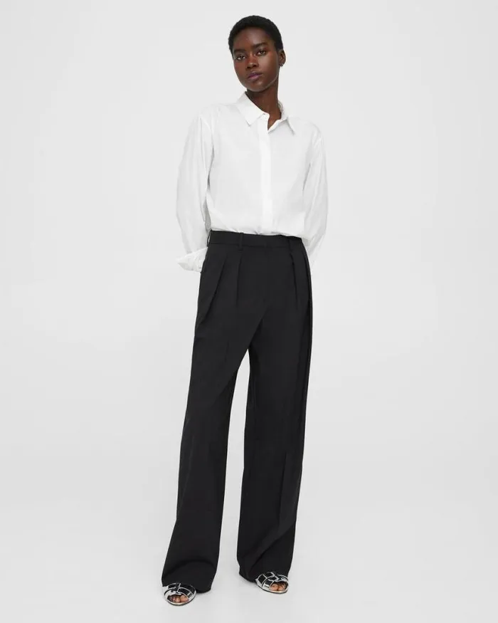 Pants Women Theory Pleated WideLeg Pant In Stretch Wool Black