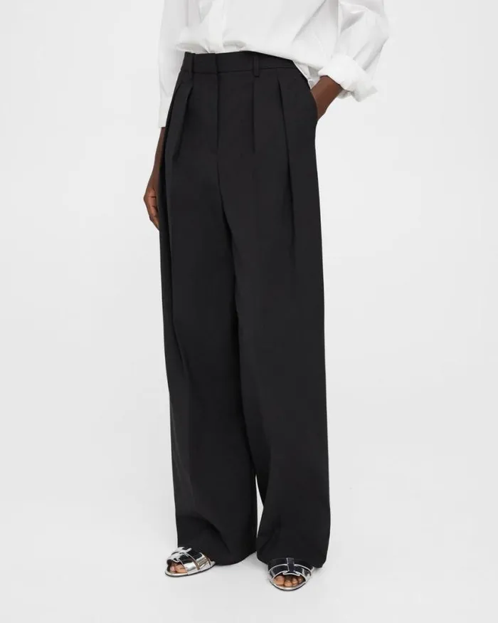 Pants Women Theory Pleated WideLeg Pant In Stretch Wool Black
