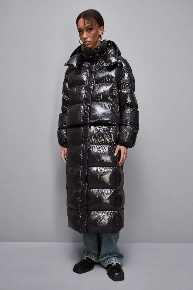 Patrizia Pepe Outerwear Shiny Nylon Long Down Jacket Black 8211 Women