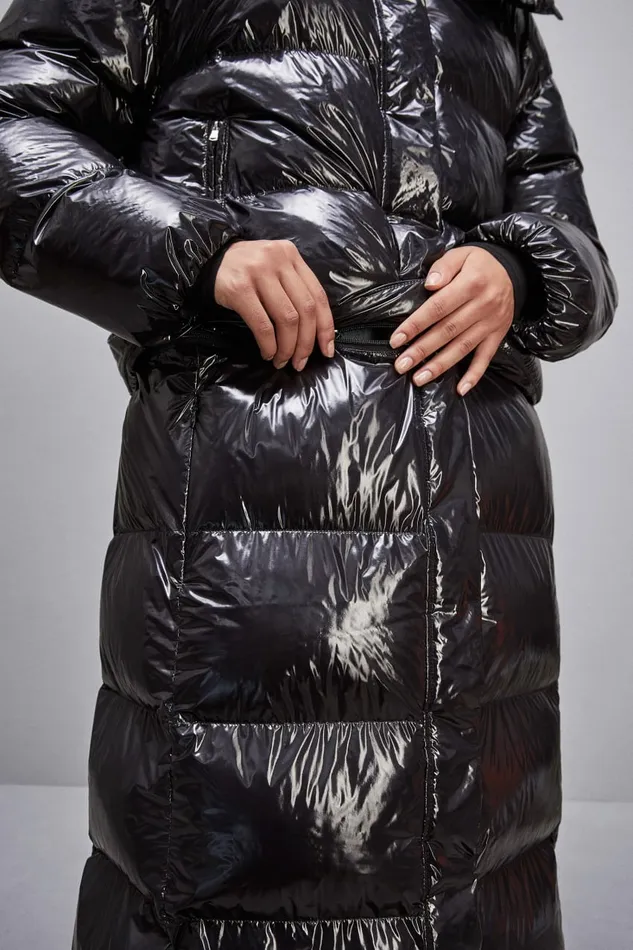 Patrizia Pepe Outerwear Shiny Nylon Long Down Jacket Black 8211 Women