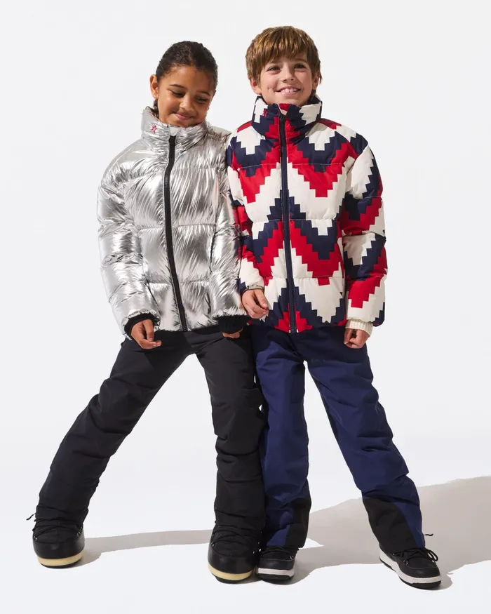 Perfect Moment Houndstooth Down Nuuk Puffer Jacket Navy White and Red Kids Jackets