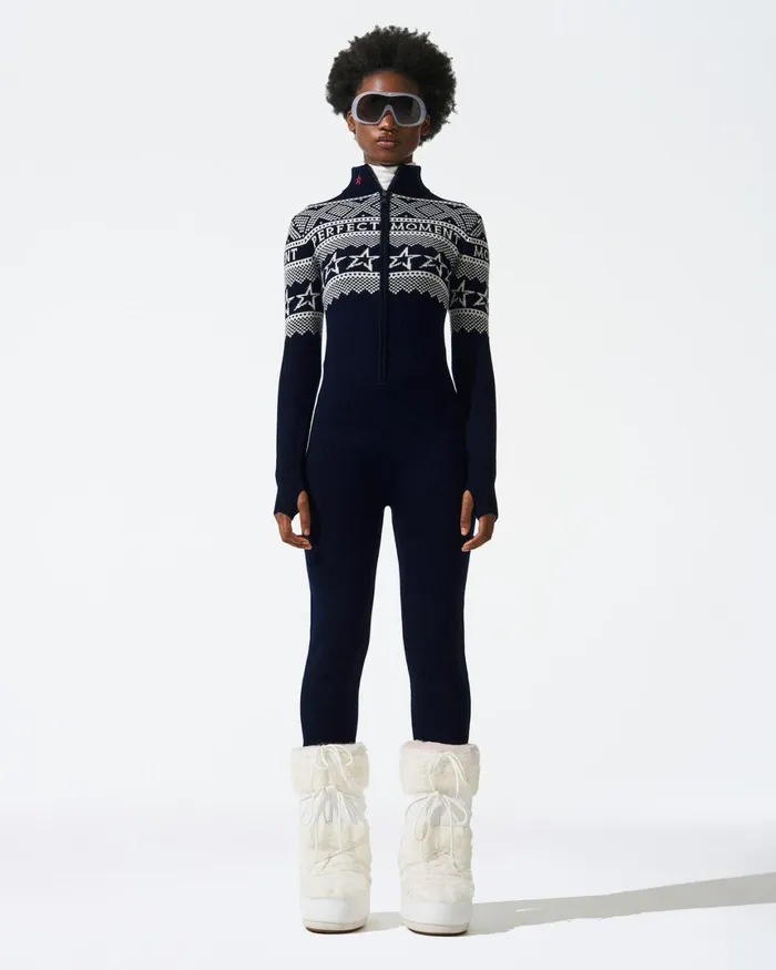 Perfect Moment IntarsiaKnit Merino Wool Jumpsuit Navy Women Jumpsuits