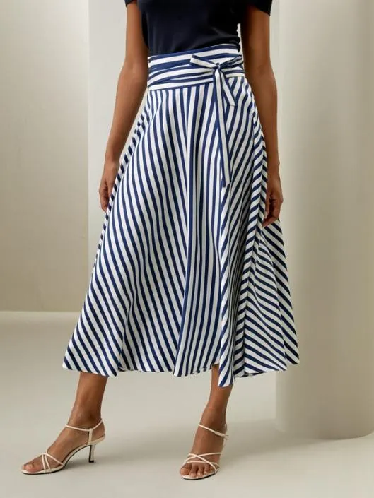 Pinstriped Silk Skirt With Waist Tie Classic And Elegant Women Lilysilk Bottoms