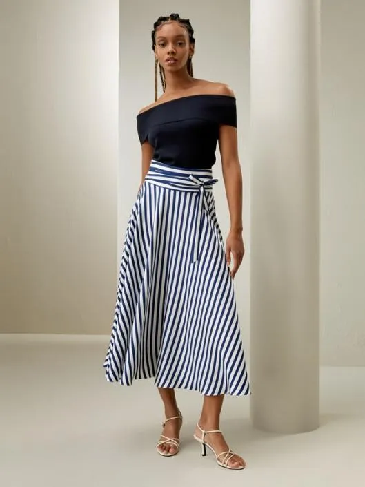 Pinstriped Silk Skirt With Waist Tie Classic And Elegant Women Lilysilk Bottoms