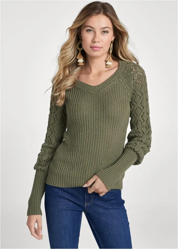 POINTELLE SLEEVE SWEATER Olive Women VENUS Pullover