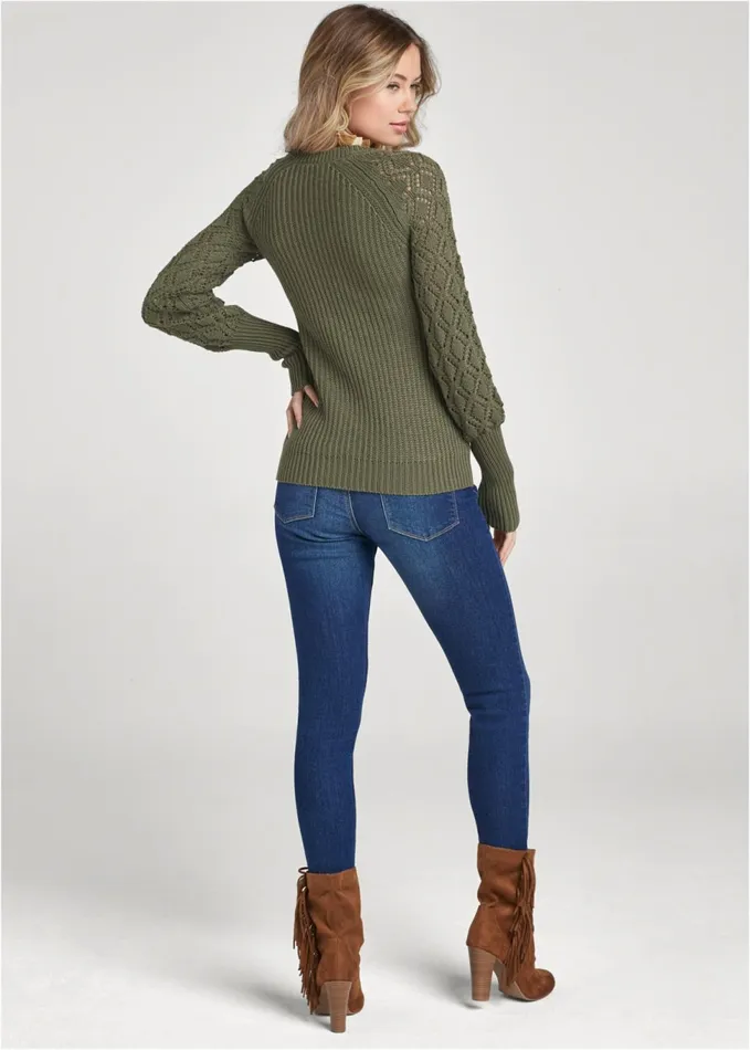POINTELLE SLEEVE SWEATER Olive Women VENUS Pullover POINTELLE SLEEVE SWEATER Olive Women VENUS Pullover