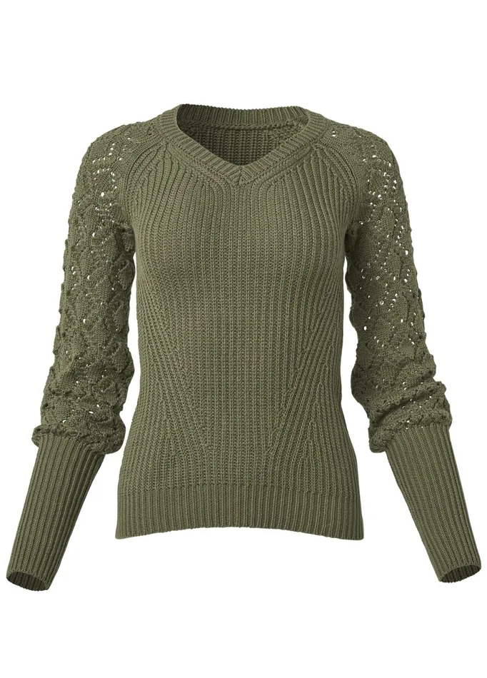 POINTELLE SLEEVE SWEATER Olive Women VENUS Pullover POINTELLE SLEEVE SWEATER Olive Women VENUS Pullover