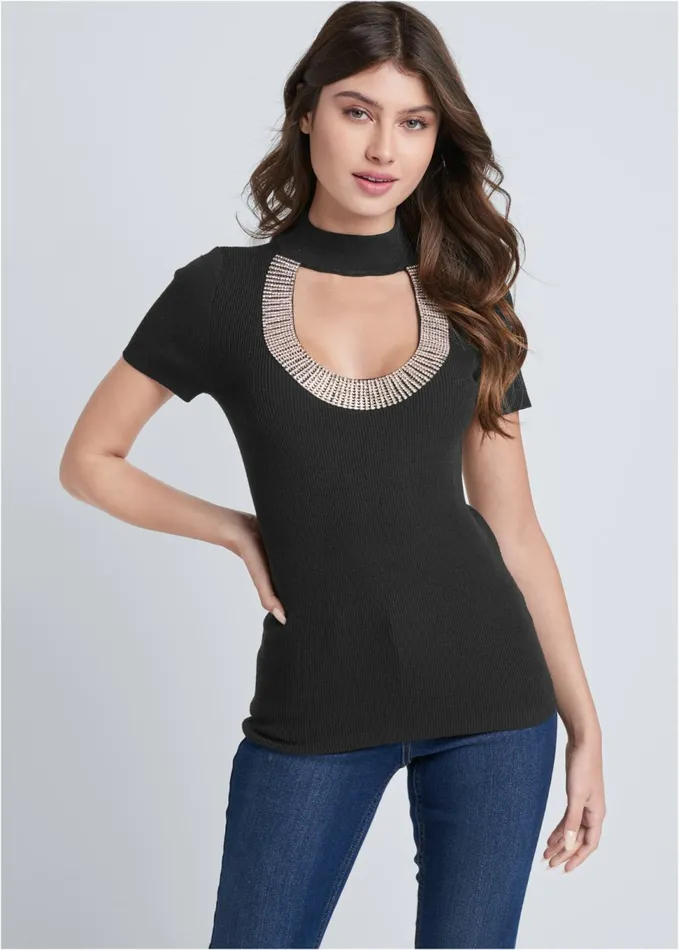 RHINESTONE TRIM SWEATER Black Women VENUS Sexy Sweaters