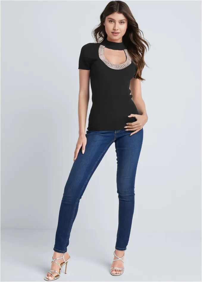 RHINESTONE TRIM SWEATER Black Women VENUS Sexy Sweaters RHINESTONE TRIM SWEATER Black Women VENUS Sexy Sweaters