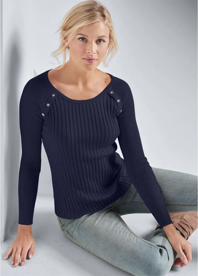 RIBBED BUTTON DETAIL SWEATER Dark Blue Women VENUS Pullover