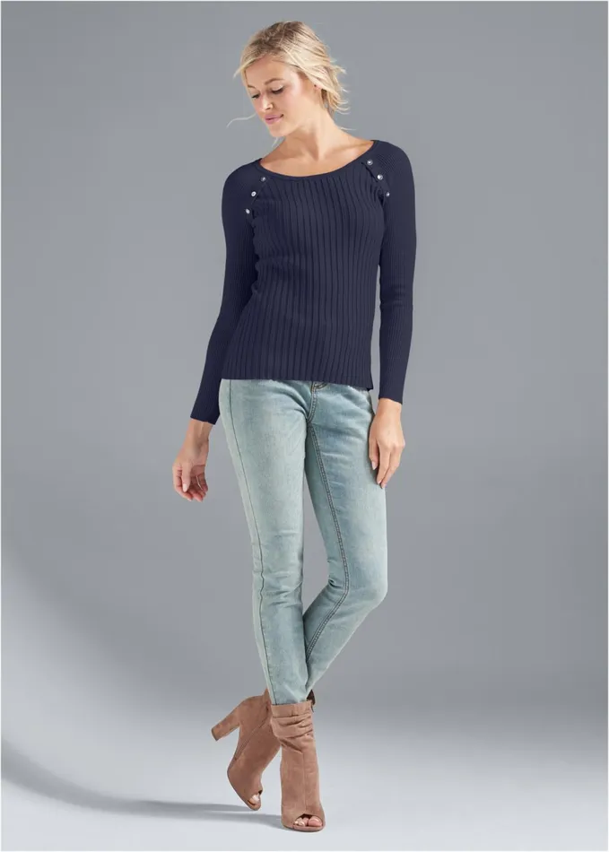 RIBBED BUTTON DETAIL SWEATER Dark Blue Women VENUS Pullover