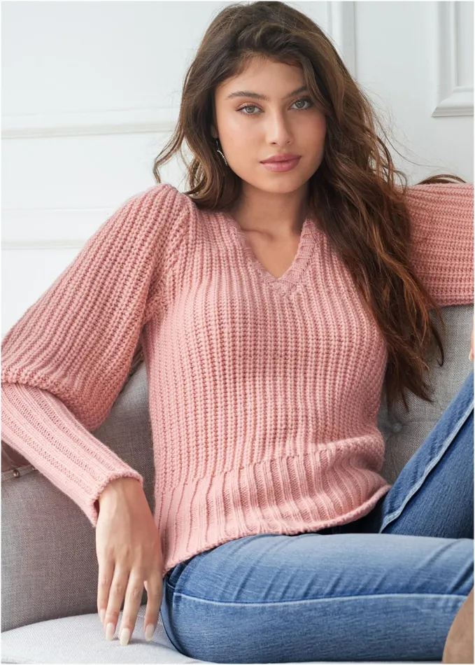 RIBBED VNECK SWEATER Dusty Pink Women VENUS Pullover