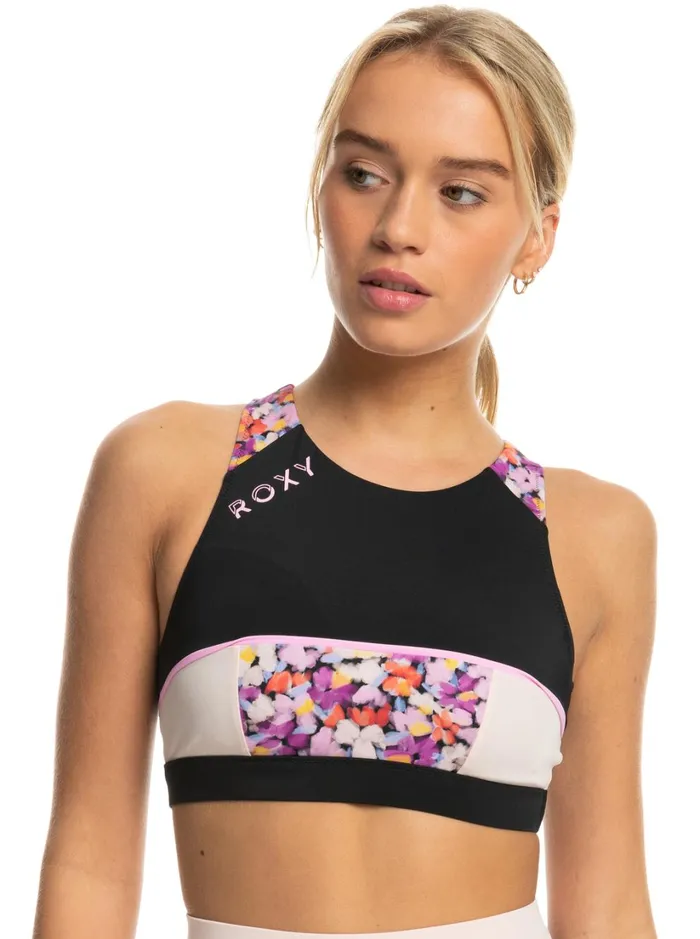 Roxy Active Swimsuits Roxy Active Crop Bikini Top Anthracite Swim Blooms 8211 Women
