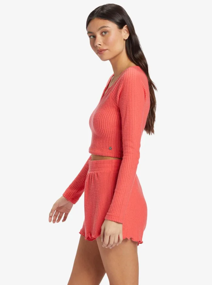 Roxy Tops Cropped Long Sleeve Waffle Top Solid Crew Neck Top Bittersweet 8211 Women
