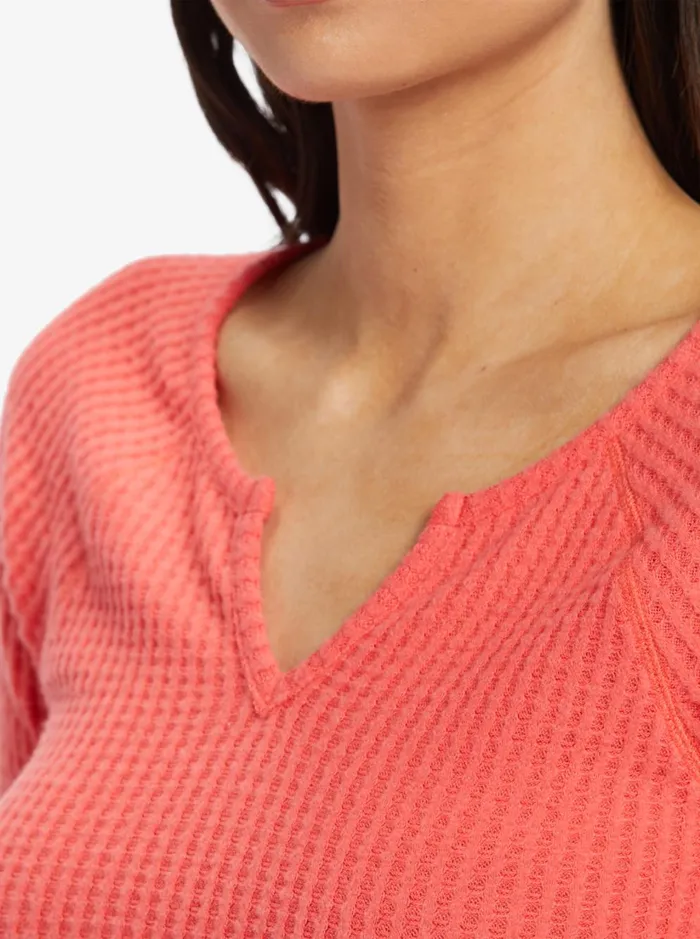 Roxy Tops Cropped Long Sleeve Waffle Top Solid Crew Neck Top Bittersweet 8211 Women