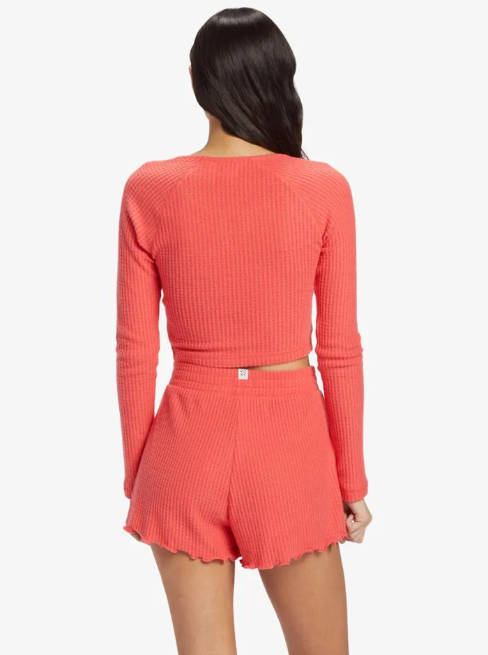 Roxy Tops Cropped Long Sleeve Waffle Top Solid Crew Neck Top Bittersweet 8211 Women