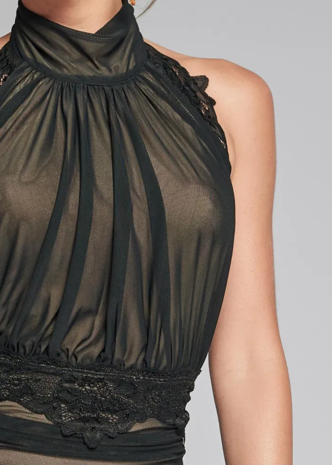 RUCHED MESH LACE TRIM DRESS Black Women VENUS Short Dresses