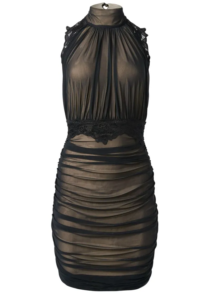 RUCHED MESH LACE TRIM DRESS Black Women VENUS Short Dresses