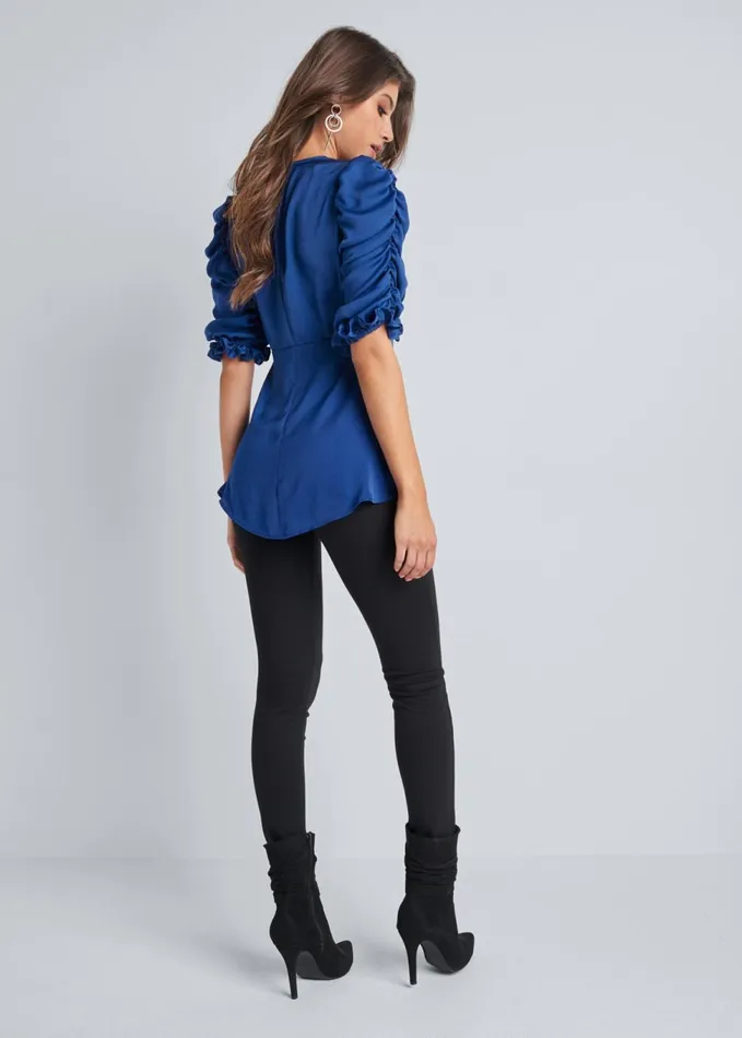 SATIN PUFF SLEEVE BLOUSE Blue Women VENUS Night Out Tops