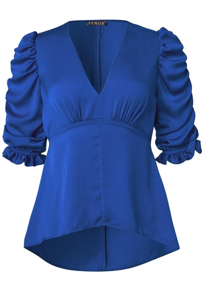 SATIN PUFF SLEEVE BLOUSE Blue Women VENUS Night Out Tops