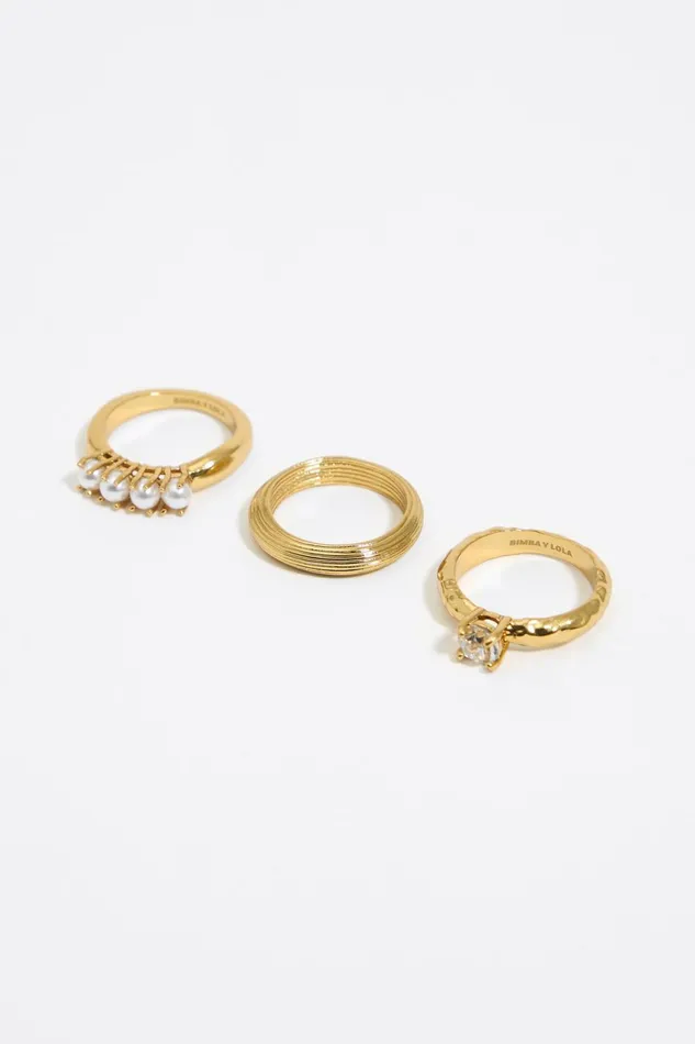 Set Of Three Gold Crystal And Pearls Rings Antique Gold Women Bimba Y Lola Jewelry Set Of Three Gold Crystal And Pearls Rings Antique Gold Women Bimba Y Lola Jewelry