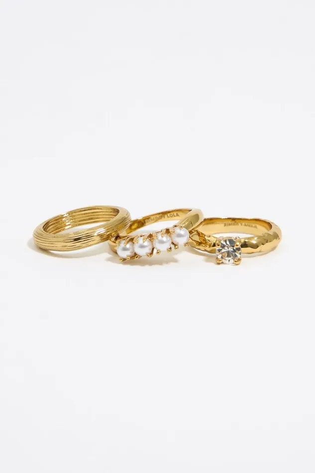 Set Of Three Gold Crystal And Pearls Rings Antique Gold Women Bimba Y Lola Jewelry Set Of Three Gold Crystal And Pearls Rings Antique Gold Women Bimba Y Lola Jewelry