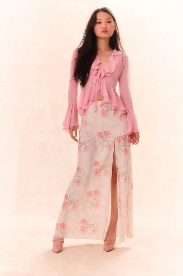 Skirts Women LoveShackFancy Connie Silk Floral Maxi Skirt Porcelain