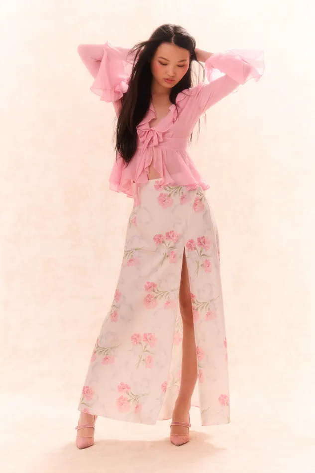 Skirts Women LoveShackFancy Connie Silk Floral Maxi Skirt Porcelain